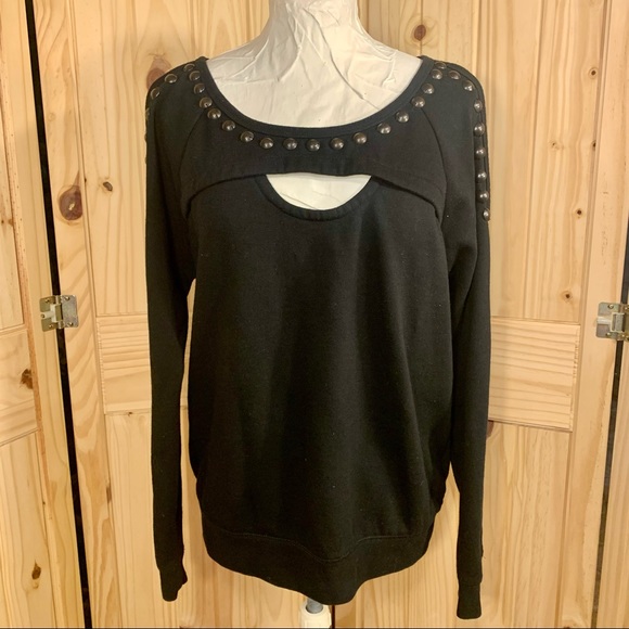 Guess Tops - Guess Los Angeles Black Studded Open Cold Shoulder Sweatshirt with Front Cutout